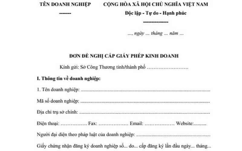 alt: Mẫu đơn đề nghị cấp giấy phép kinh doanh