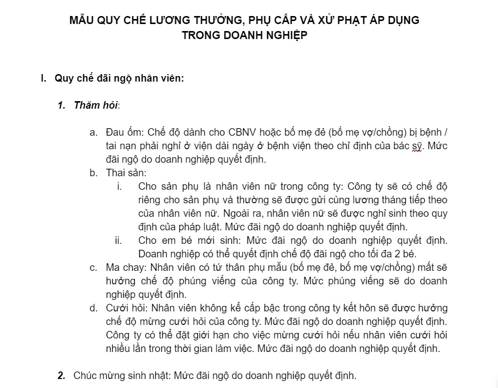 Mẫu quy chế thưởng phạt
